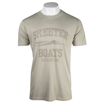 Front of a beige T-shirt with a distressed full front Skeeter Boats design in tan. 