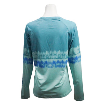 The back of a blue and green women's UPF long sleeve. 