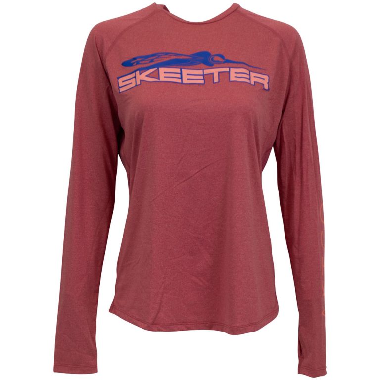 Front of a ladies red performance long sleeve with the Skeeter logo in blue and pink across the chest. 