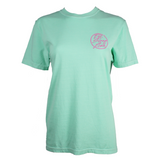 Mint green t-shirt with pink graphic on the left chest that says eat, sleep, fish. 