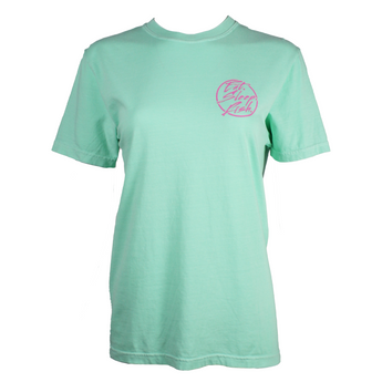 Mint green t-shirt with pink graphic on the left chest that says eat, sleep, fish. 