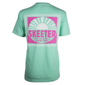 Mint green t-shirt with pink and white graphic on the back that says skeeter performance fishing boats.