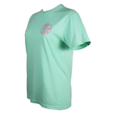 Mint green t-shirt with pink logo on the left chest.