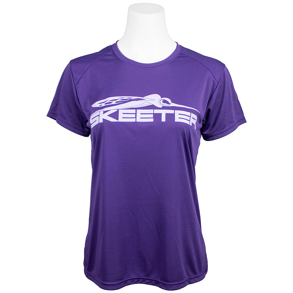 Front of a purple lady's tee with the Skeeter logo in white across the chest. 