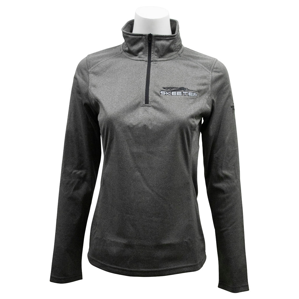 Front of a ladies grey quarter zip with the Skeeter logo embroidered in black and white on the left chest. 