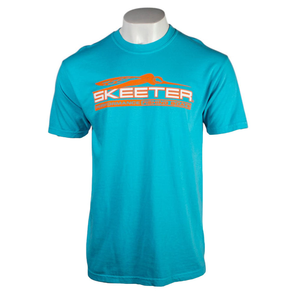 A teal blue T-shirt with an orange and white 'Skeeter' logo on the chest. 