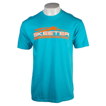 A teal blue T-shirt with an orange and white 'Skeeter' logo on the chest. 