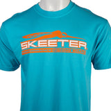 Close up of a teal blue T-shirt with orange and white 'Skeeter Performance Fishing Boats' logo on the chest. 