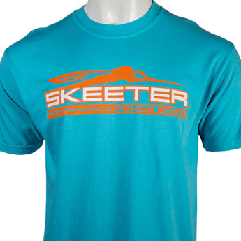 Close up of a teal blue T-shirt with orange and white 'Skeeter Performance Fishing Boats' logo on the chest. 