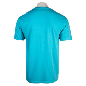 Back of a teal blue T-shirt.
