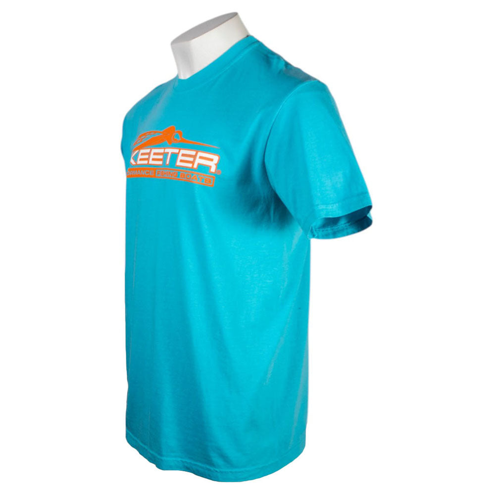Side of a blue T-shirt with an orange and white skeeter logo across the chest. 