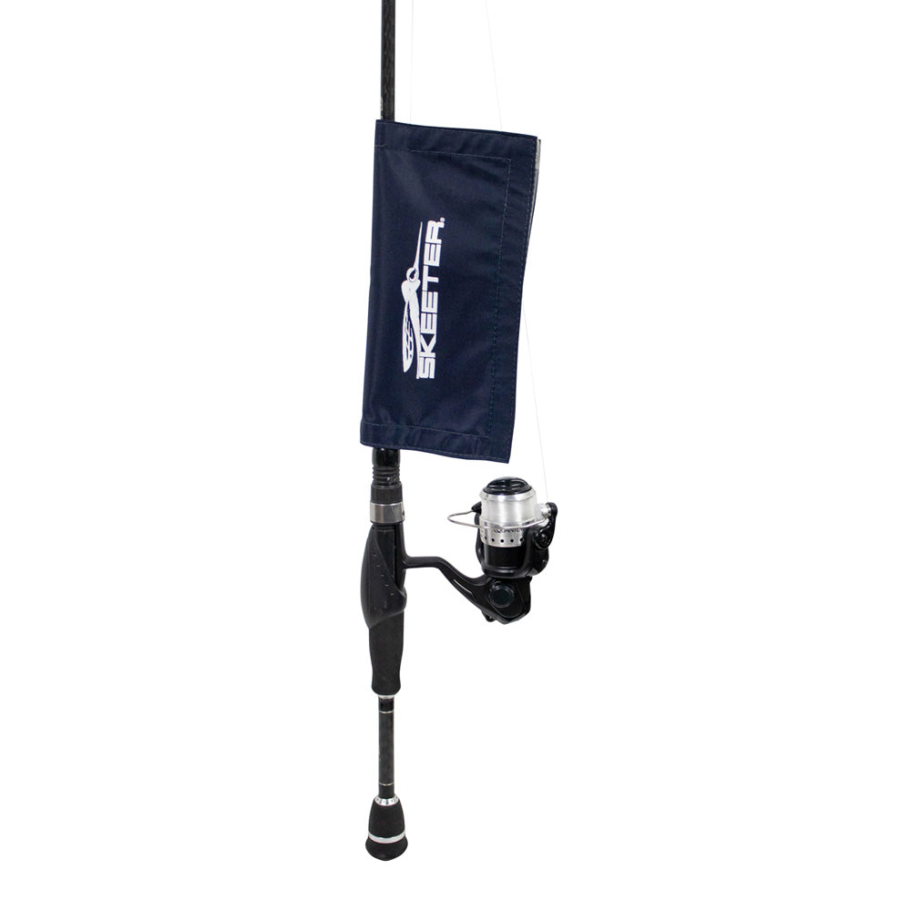 A navy lure wrap with the Skeeter logo in white printed on it, secured around a fishing pole. 