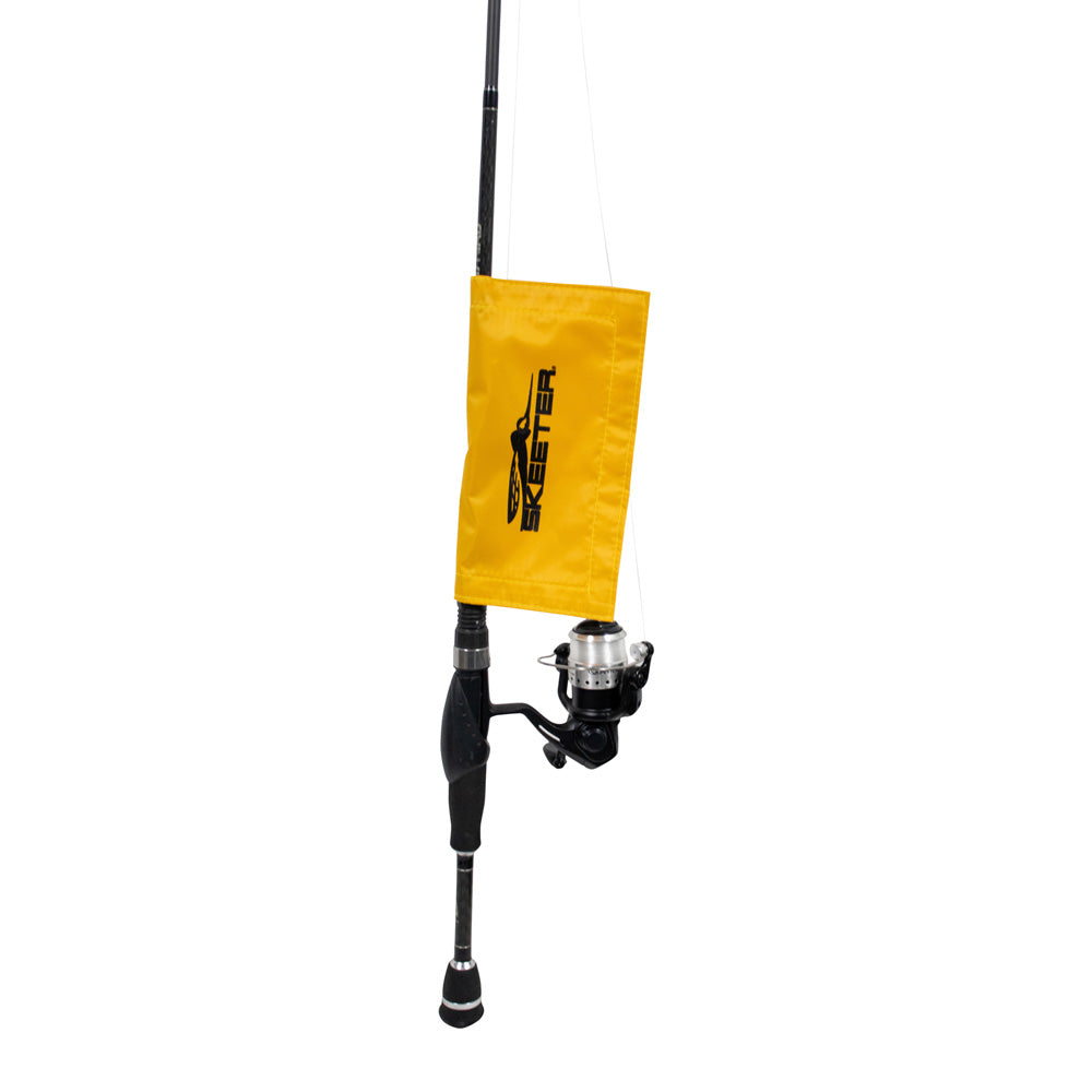 A yellow lure wrap with the Skeeter logo in black printed on it, secured around a fishing pole. 