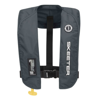 Front of a grey mustang inflatable life vest with the skeeter logo printed in white and black on the left side. 