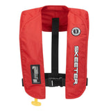 Front of a red mustang inflatable life vest with the skeeter logo printed in white and black on the left side. 