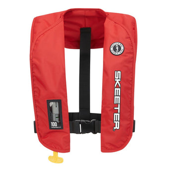 Front of a red mustang inflatable life vest with the skeeter logo printed in white and black on the left side. 