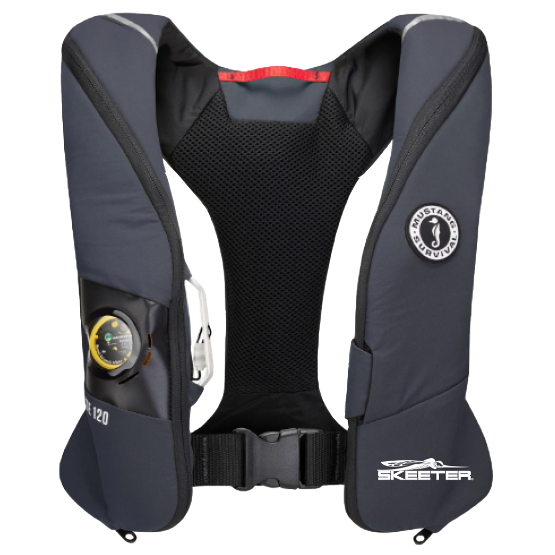 Grey Mustang Survival life jacket with a white skeeter logo on the left side. 