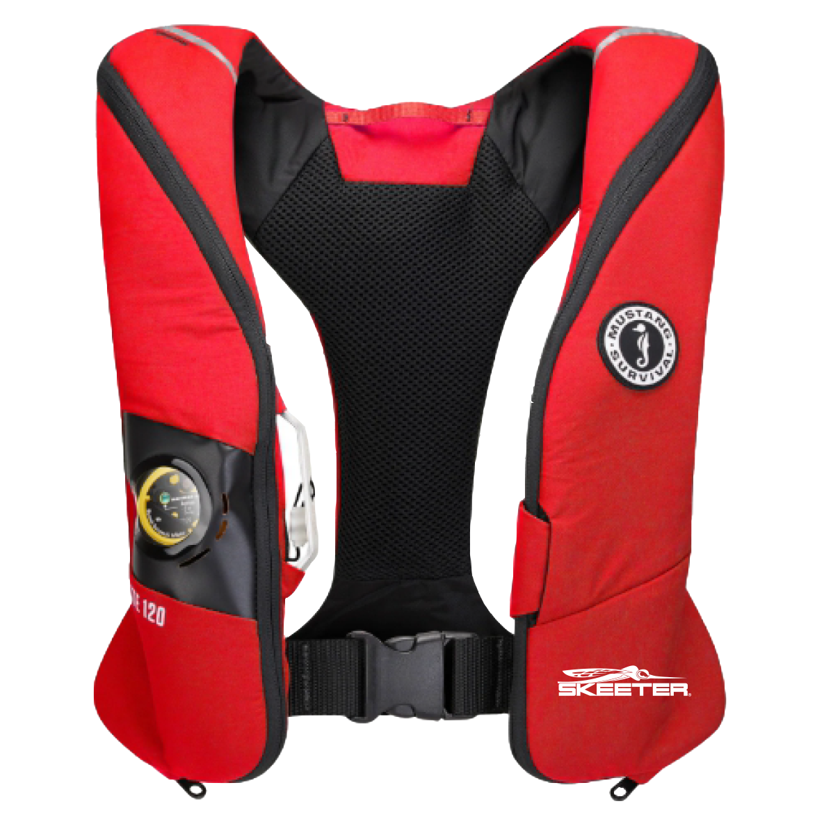 Red life jacket with black accents and a white skeeter logo on the left side. 