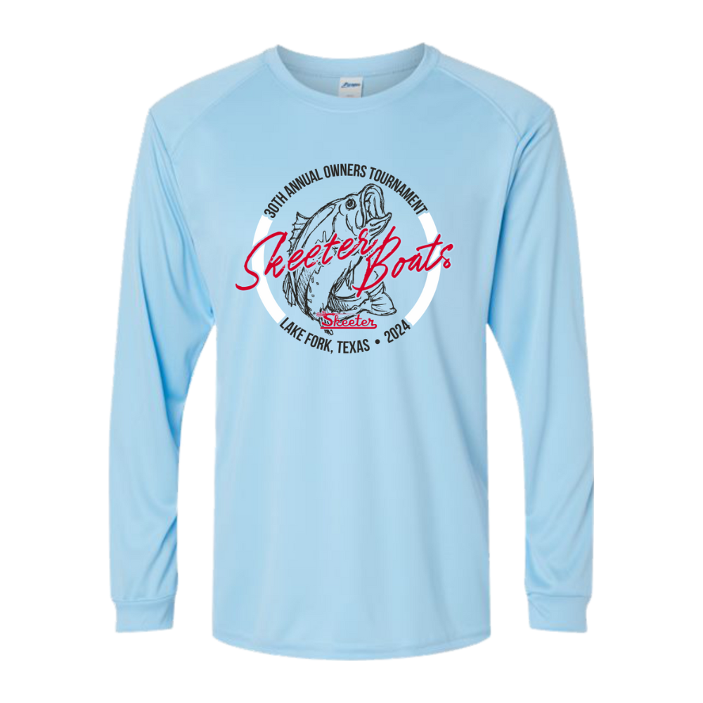 A light blue performance long sleeve with a circular design centered on the chest reading "30th Annual Owners Tournament, Lake Fork, Texas, 2024" and "Skeeter Boats."