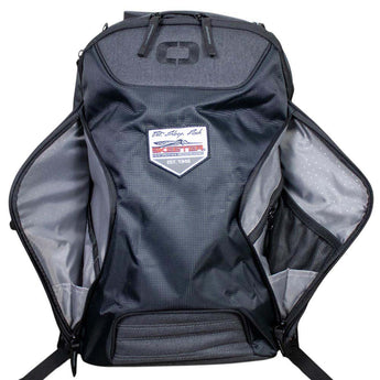 The front of the backpack with the side pockets unzipped and open showing more space for items. 