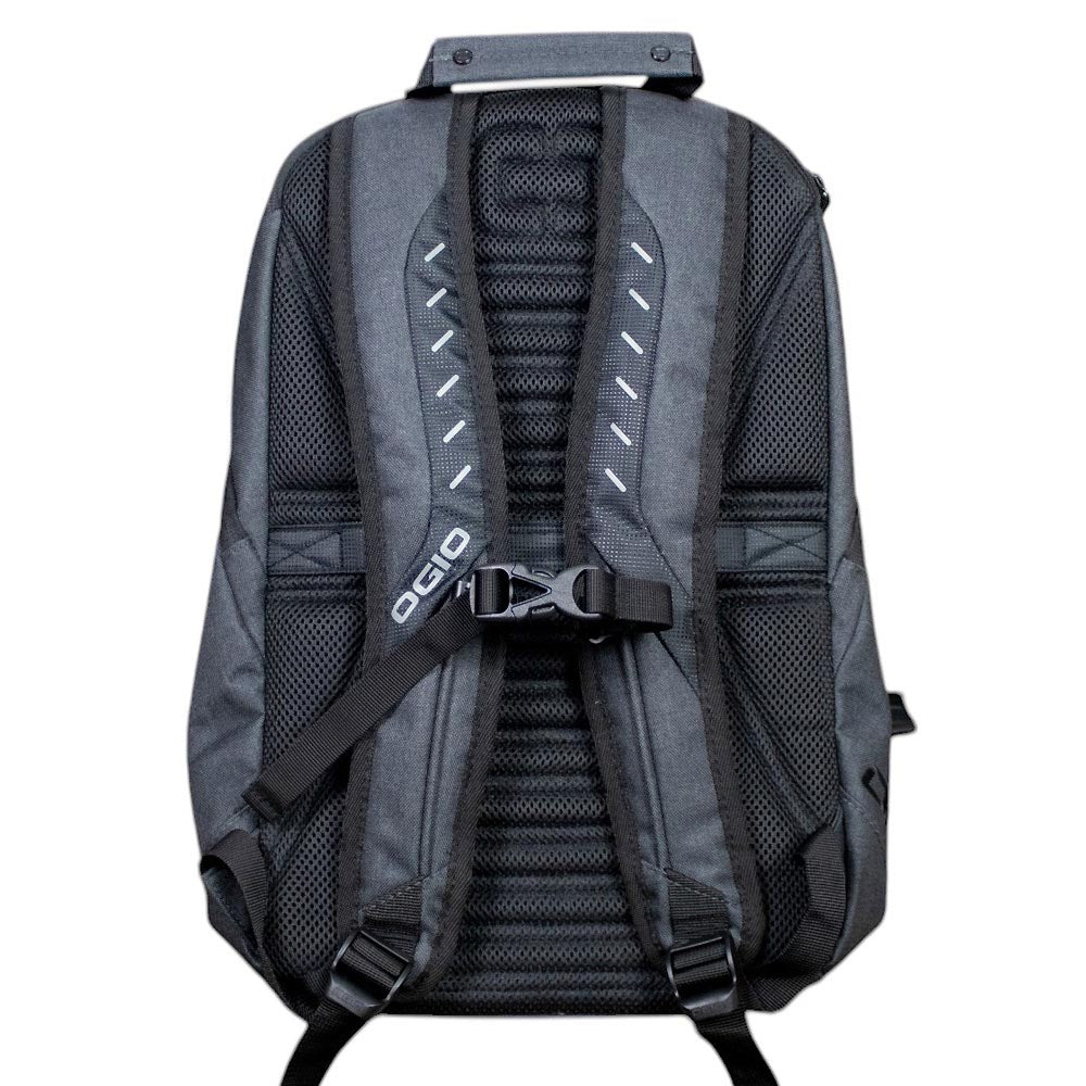 Back of the backpack featuring two adjustable straps that are buckled together. 