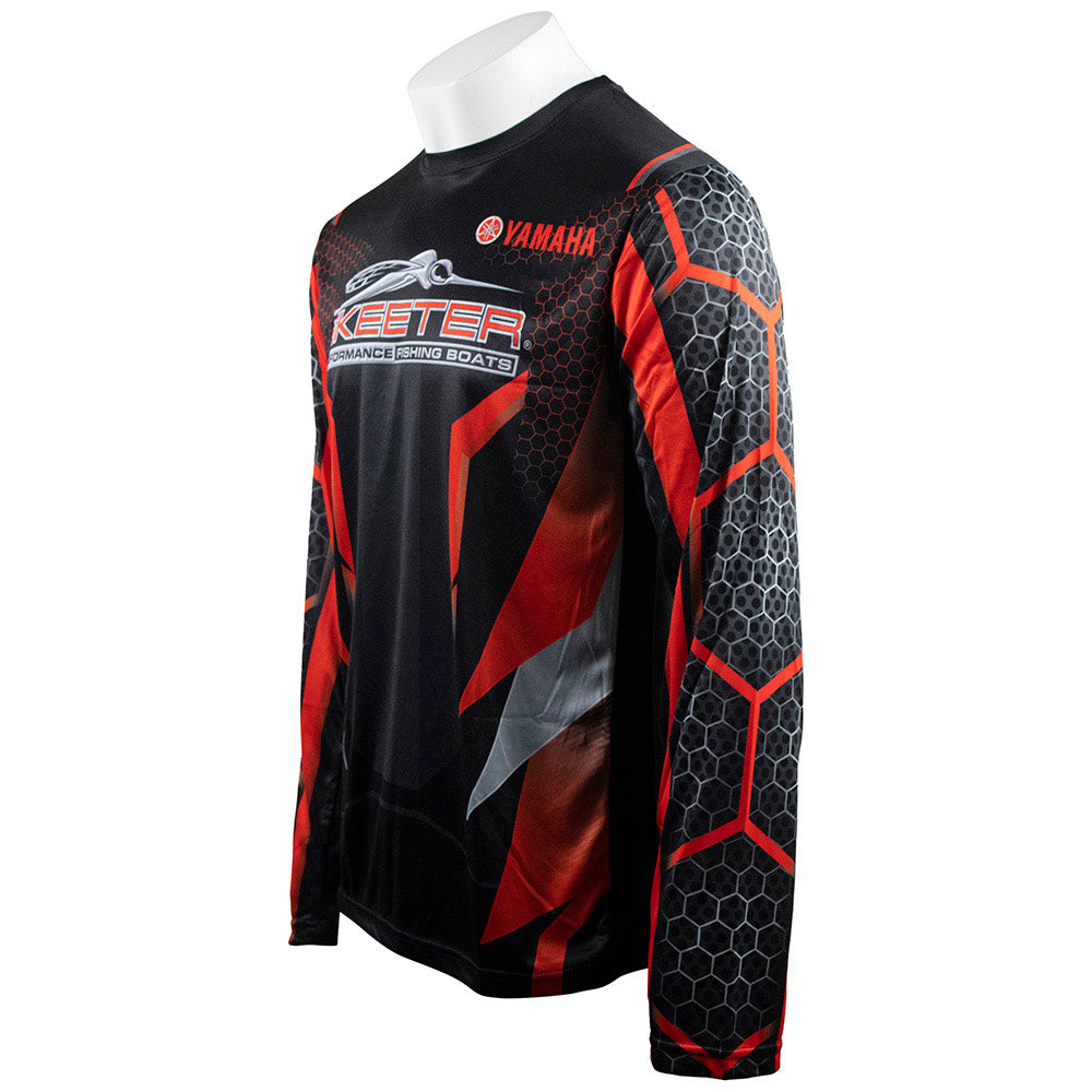 The right side of a black and red performance long sleeve, showing the red and grey hexagonal pattern on the sleeves. 