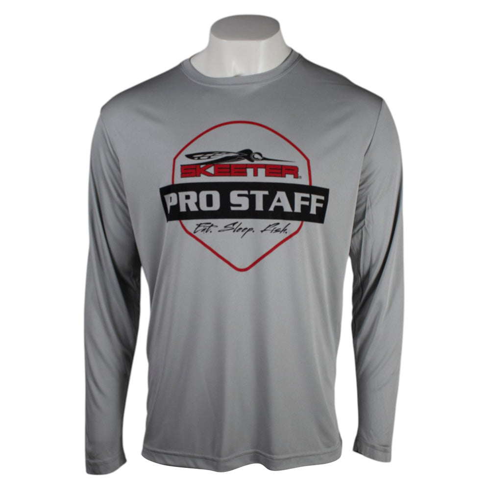 Gray performance long-sleeve shirt with a skeeter 'Pro Staff' logo on the front in black and red. 