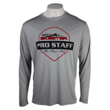 Gray performance long-sleeve shirt with a skeeter 'Pro Staff' logo on the front in black and red. 