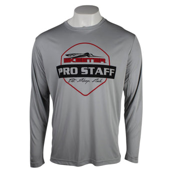 Gray performance long-sleeve shirt with a skeeter 'Pro Staff' logo on the front in black and red. 