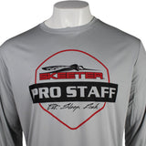 Close up of a gray long-sleeve shirt with a black and red Skeeter Pro Staff logo across the chest.