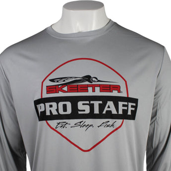 Close up of a gray long-sleeve shirt with a black and red Skeeter Pro Staff logo across the chest.