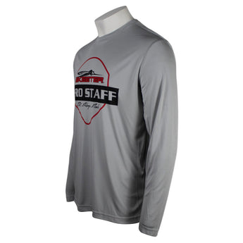 Side of a gray performance long-sleeve shirt with a logo on the front. 