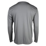 Back of a gray performance long-sleeve shirt.
