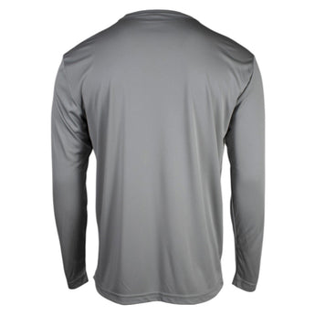 Back of a gray performance long-sleeve shirt.