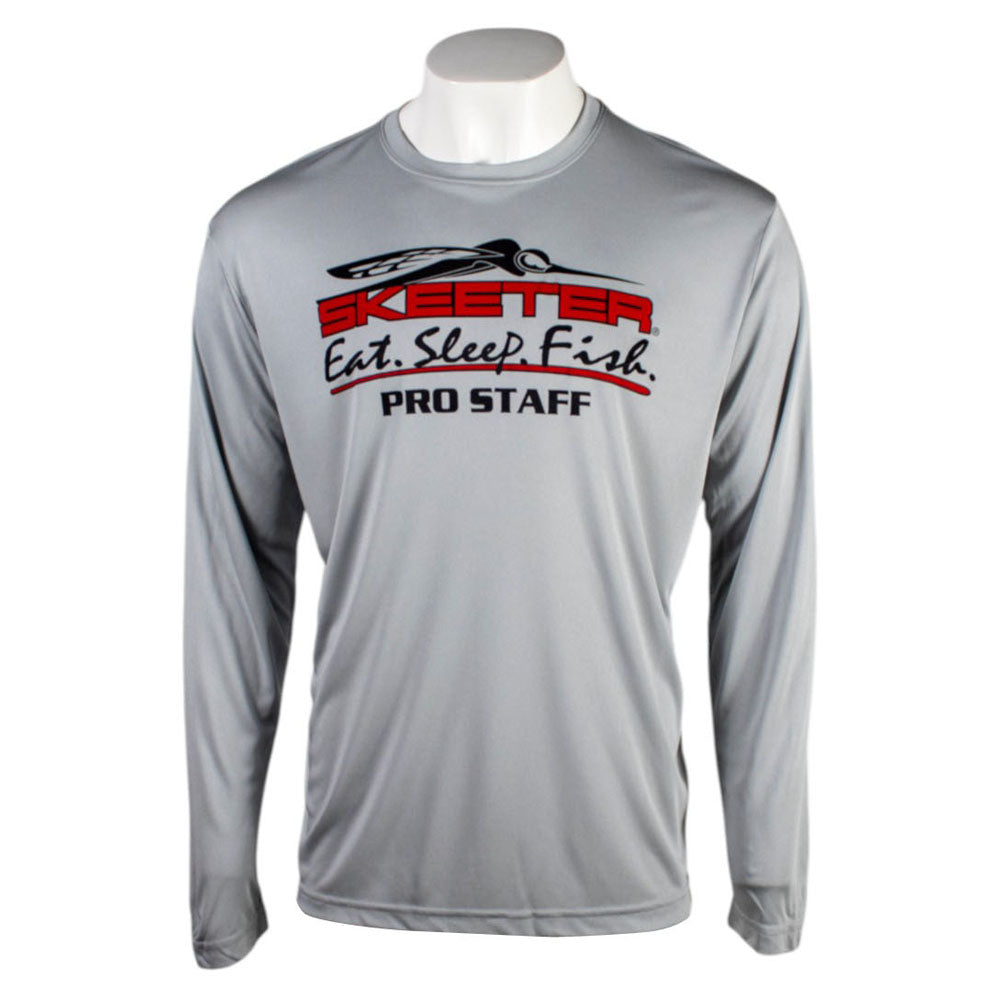 Front of a gray long-sleeve shirt with a red and black Skeeter logo on the chest with the text 'eat, sleep, fish. Pro Staff.'