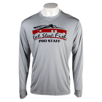 Front of a gray long-sleeve shirt with a red and black Skeeter logo on the chest with the text 'eat, sleep, fish. Pro Staff.'