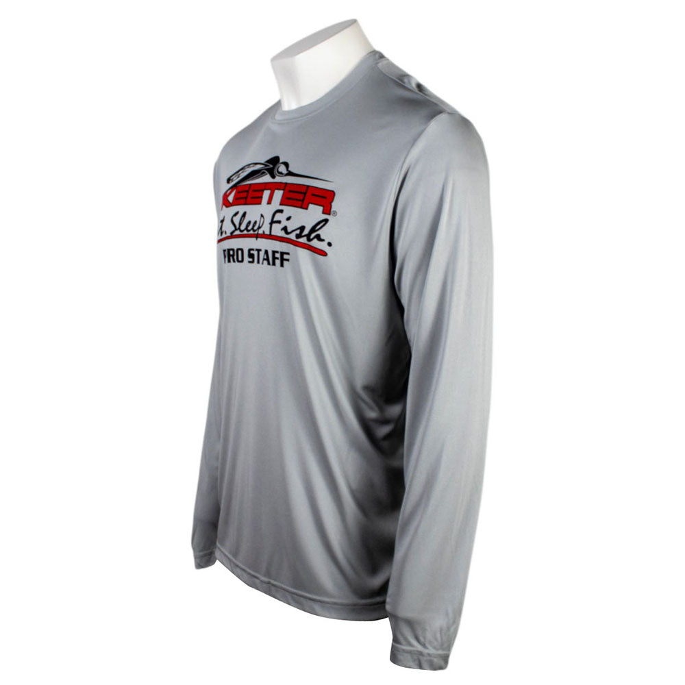 Side of a gray long-sleeve shirt with a red and black skeeter chest logo with the text 'eat, sleep, fish.'