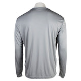 Back of a gray performance long-sleeve shirt.