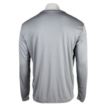 Back of a gray performance long-sleeve shirt.