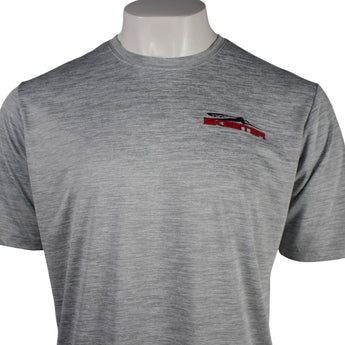 Close up of a gray t-shirt with the skeeter logo in red on the chest.