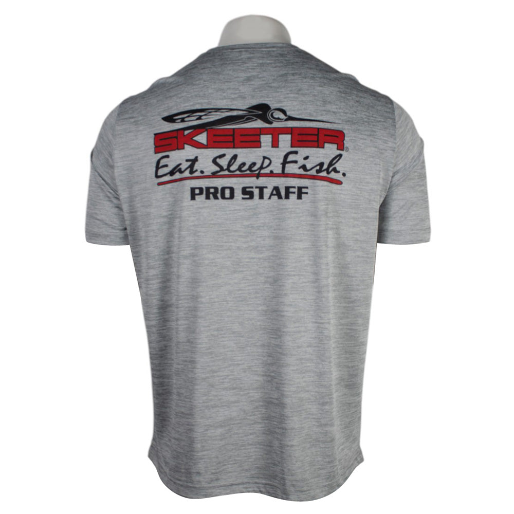 Back of a gray athletic t-shirt with a red and black Skeeter logo and text on the shoulder blades. 