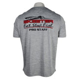 Back of a gray athletic t-shirt with a red and black Skeeter logo and text on the shoulder blades. 
