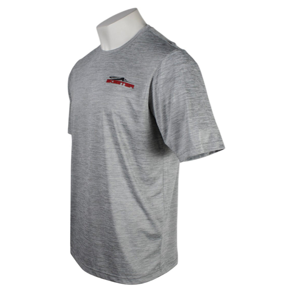Side of a heather gray t-shirt with a red skeeter logo on the left chest. 