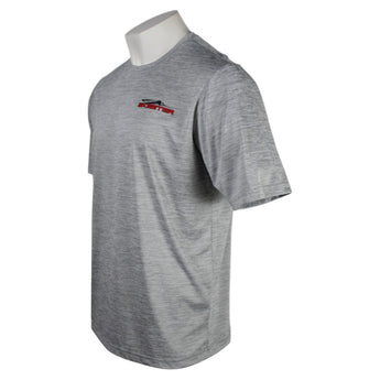 Side of a heather gray t-shirt with a red skeeter logo on the left chest. 