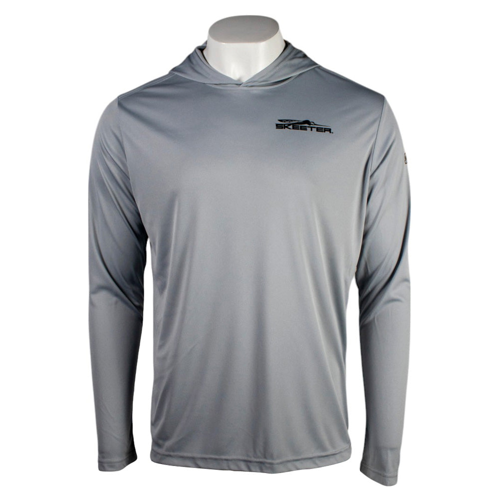 Gray performance hoodie with the skeeter logo on the left chest.