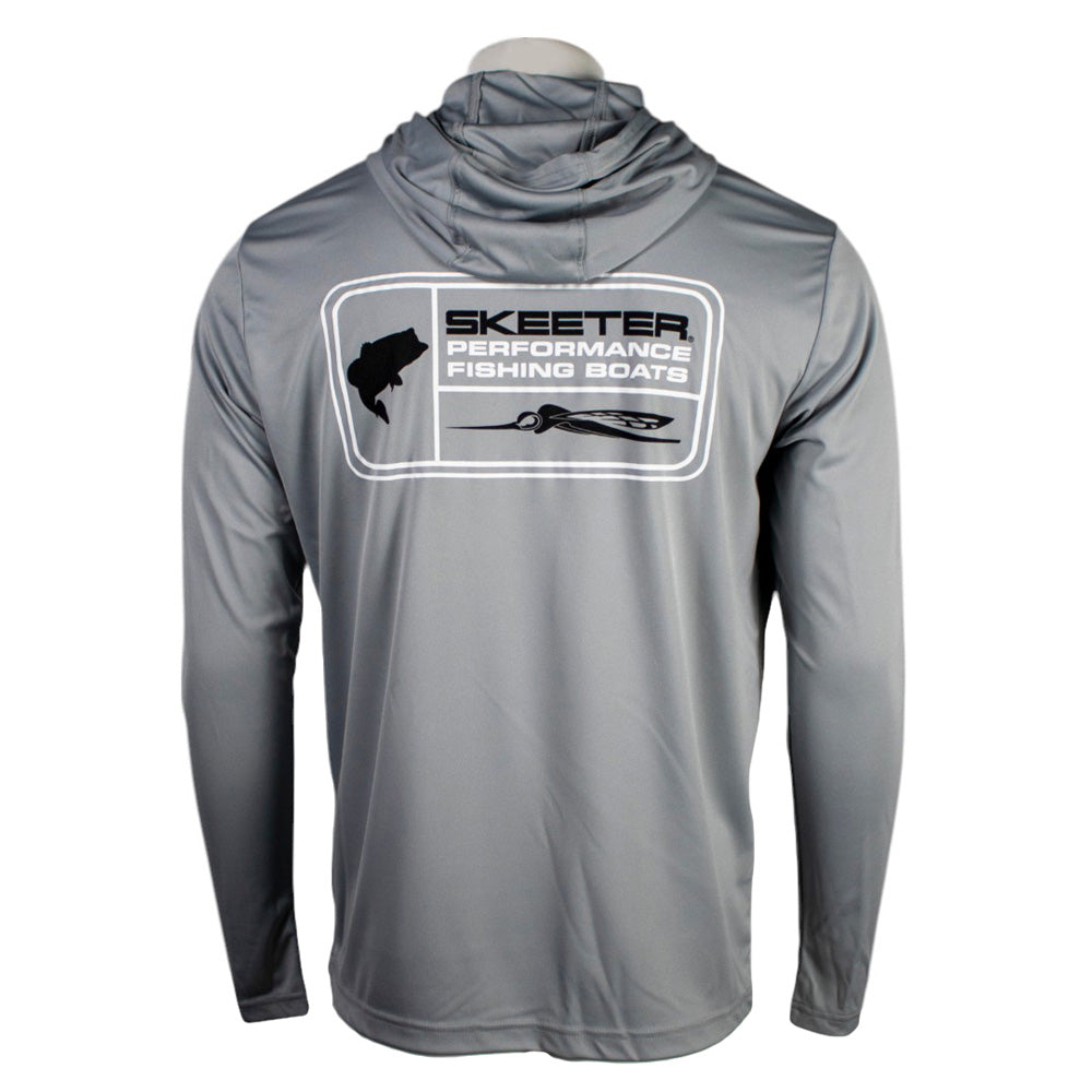 Gray performance hoodie with Skeeter Performance Fishing Boats logo on the back