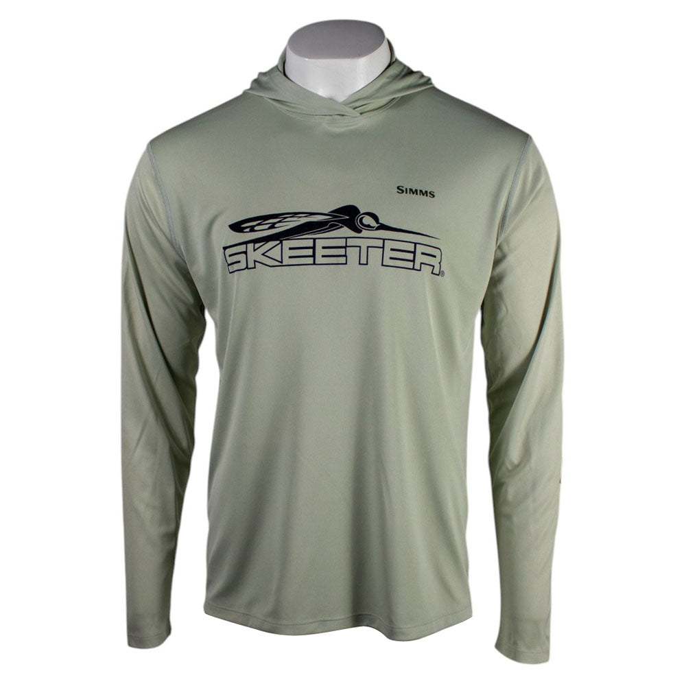 Sage green hooded long sleeve with 'Simms' and 'Skeeter' logos on the chest in black. 