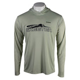 Sage green hooded long sleeve with 'Simms' and 'Skeeter' logos on the chest in black. 
