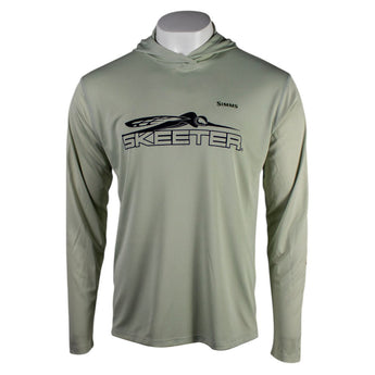 Sage green hooded long sleeve with 'Simms' and 'Skeeter' logos on the chest in black. 