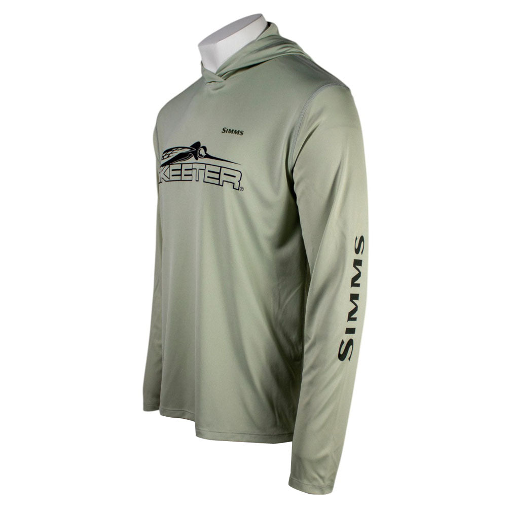 Side of a sage green hooded long sleeve with 'Simms' on the sleeve and 'Skeeter' on the chest in black. 